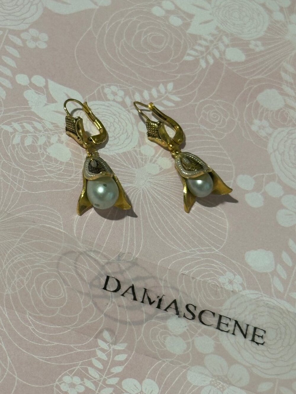 Vintage Damascene Earrings Tulip Faux Pearl Drop Gold Foil Inlaid Pierced Post